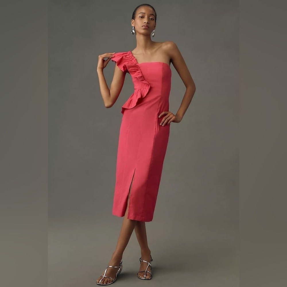 NWT Anthropologie Pink One Shoulder Ruffle Sleeve Column Midi Dress Medium